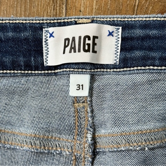 PAIGE Bridget Jeans Mid Rise Blue Torn ripped Knee - Picture 6 of 11